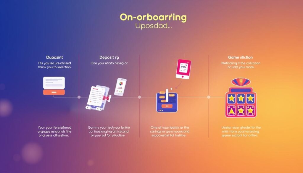 A detailed step-by-step instructional diagram showcasing the onboarding experience for the UHO88 online gaming platform. A crisp, clean illustration depicting the key stages of account creation, deposit, and game selection, rendered in a vibrant, inviting color palette. The layout guides the viewer's eye through the process intuitively, with clear iconography and intuitive UI elements. The overall mood is welcoming and user-friendly, reflecting the platform's commitment to accessibility for new players. Elegant, high-resolution rendering with subtle depth-of-field and natural lighting to provide a premium, polished look. A detailed step-by-step instructional diagram showcasing the onboarding experience for the UHO88 online gaming platform. A crisp, clean illustration depicting the key stages of account creation, deposit, and game selection, rendered in a vibrant, inviting color palette. The layout guides the viewer's eye through the process intuitively, with clear iconography and intuitive UI elements. The overall mood is welcoming and user-friendly, reflecting the platform's commitment to accessibility for new players. Elegant, high-resolution rendering with subtle depth-of-field and natural lighting to provide a premium, polished look.