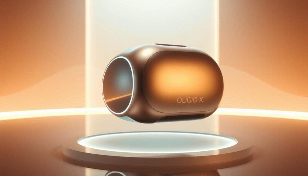 Oligio X 原美電波: a futuristic beauty device from Glowin Beaute, emitting soft, luminous waves of energy that gently rejuvenate the skin. Set against a minimalist, high-tech backdrop, the device hovers elegantly, its sleek metallic finish catching the warm, indirect lighting. The scene conveys a sense of advanced, yet soothing technology, inviting the viewer to experience the innovative Oligio X treatment. The overall atmosphere is one of cutting-edge innovation harmonized with natural wellness.