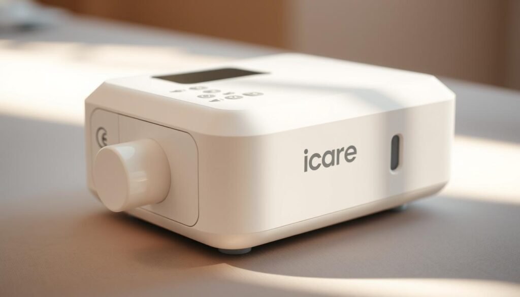 A close-up of the iCareCPAP sleep apnea machine, its sleek white casing and minimalist design emphasizing its medical functionality. Softly lit from the side, the device is placed on a neutral-toned surface, casting subtle shadows that convey a sense of depth and three-dimensionality. The machine's control panel is visible, hinting at its range of customizable settings and features. The overall mood is one of clinical precision and technological innovation, complementing the informative nature of the article's section on the basic principles and functions of sleep apnea and respiratory machines. A close-up of the iCareCPAP sleep apnea machine, its sleek white casing and minimalist design emphasizing its medical functionality. Softly lit from the side, the device is placed on a neutral-toned surface, casting subtle shadows that convey a sense of depth and three-dimensionality. The machine's control panel is visible, hinting at its range of customizable settings and features. The overall mood is one of clinical precision and technological innovation, complementing the informative nature of the article's section on the basic principles and functions of sleep apnea and respiratory machines.