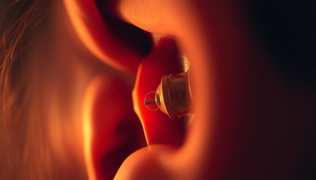 A close-up view of a human ear, showcasing the intricate anatomy and structures within. The image is captured in a warm, soft lighting that creates a calming, medical atmosphere. In the foreground, the eardrum and ossicles (tiny bones) are clearly visible, hinting at the potential imbalance or issue within the ear. The middle ground features the semicircular canals and vestibular system, the key elements involved in balance and equilibrium. The background subtly blurs out, keeping the focus on the inner workings of the ear. This image aims to illustrate the complexities of the ear and the challenges in resolving issues related to fluid imbalance, a common problem faced by many individuals.