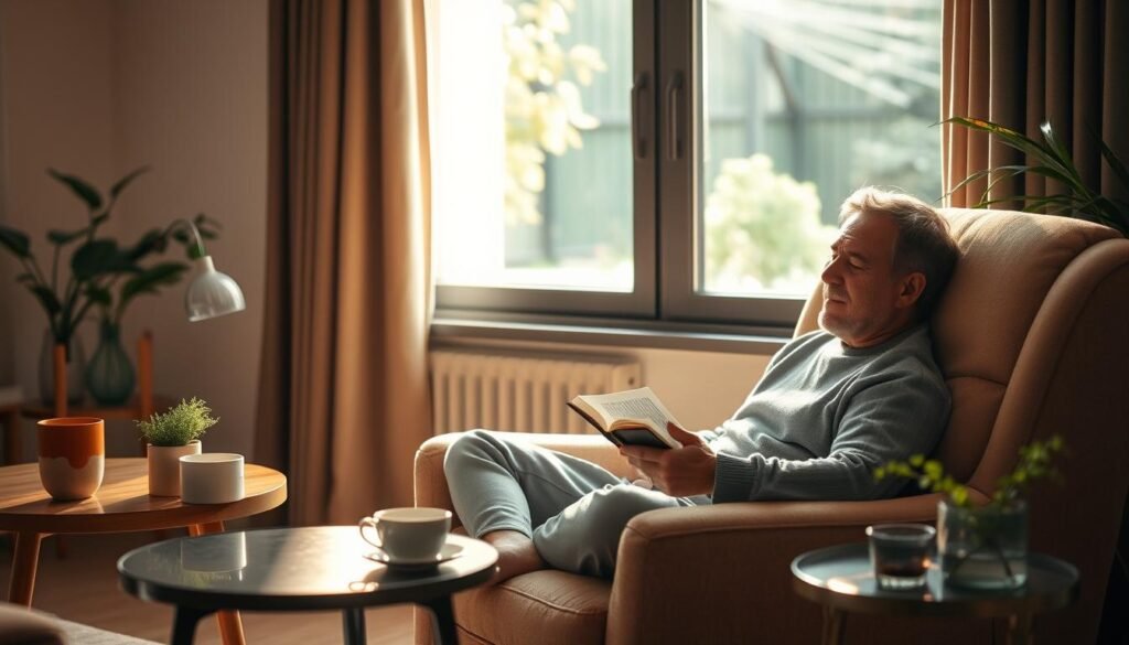 A cozy and serene living room with a person sitting comfortably on a plush armchair, reading a book. Soft, warm lighting bathes the scene, creating a relaxing atmosphere. On a side table, a cup of tea and a small plant add natural elements. In the background, a window overlooking a tranquil garden, with gentle sunlight filtering through. The person's expression is one of calm and focus, suggesting an effective technique for managing tinnitus through lifestyle adjustments and mindfulness practices. A cozy and serene living room with a person sitting comfortably on a plush armchair, reading a book. Soft, warm lighting bathes the scene, creating a relaxing atmosphere. On a side table, a cup of tea and a small plant add natural elements. In the background, a window overlooking a tranquil garden, with gentle sunlight filtering through. The person's expression is one of calm and focus, suggesting an effective technique for managing tinnitus through lifestyle adjustments and mindfulness practices.