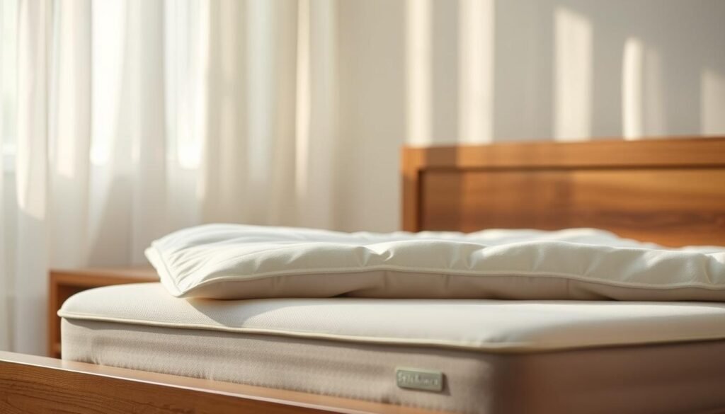 A cozy and well-maintained bed mattress with a StylesMaven mattress pad, resting on a wooden bed frame. The mattress has a plush, supportive surface, and the mattress pad provides additional comfort and protection. Soft, natural lighting filters through sheer curtains, creating a warm and inviting atmosphere. The overall scene conveys a sense of relaxation and mindful attention to the care and maintenance of a healthy sleeping environment.
