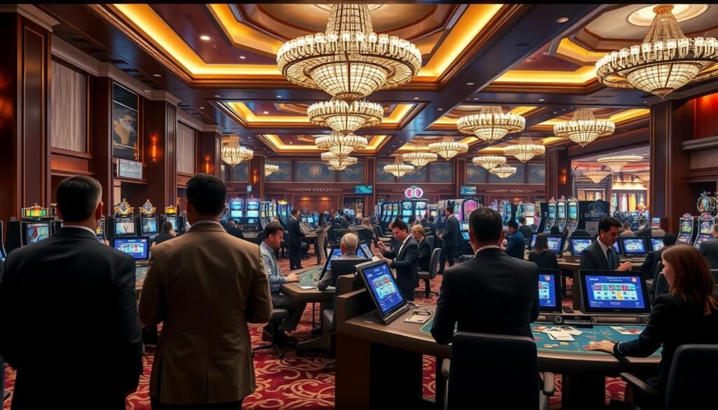 A high-quality, realistic rendering of the UTown Entertainment City's premium real-life gaming facilities. The scene depicts a modern, luxurious casino interior, featuring plush carpeting, opulent chandeliers, and polished wooden accents. In the foreground, a group of well-dressed patrons are engaged in various table games, their faces obscured to protect their anonymity. The middle ground showcases the sophisticated gaming equipment, with dealers dressed in crisp, tailored uniforms presiding over the tables. The background provides a glimpse of the expansive, bustling gaming floor, with rows of slot machines and gaming stations. The lighting is warm and inviting, creating an atmosphere of excitement and exclusivity. The overall composition conveys the prestige and allure of UTown's premium real-life gaming experience.