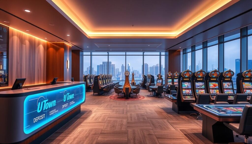 A modern and sleek interior of the UTown casino, showcasing the smooth and hassle-free cashless gaming experience. The foreground features a futuristic-looking counter with digital displays, inviting players to effortlessly deposit and withdraw funds. In the middle ground, immersive gaming tables are arranged in a well-lit and spacious layout, with minimal clutter and a focus on streamlined interactions. The background depicts a panoramic view of the cityscape through large windows, creating a sense of urban sophistication and convenience. The overall atmosphere conveys a seamless, technology-driven gaming environment that prioritizes the player's comfort and efficiency. A modern and sleek interior of the UTown casino, showcasing the smooth and hassle-free cashless gaming experience. The foreground features a futuristic-looking counter with digital displays, inviting players to effortlessly deposit and withdraw funds. In the middle ground, immersive gaming tables are arranged in a well-lit and spacious layout, with minimal clutter and a focus on streamlined interactions. The background depicts a panoramic view of the cityscape through large windows, creating a sense of urban sophistication and convenience. The overall atmosphere conveys a seamless, technology-driven gaming environment that prioritizes the player's comfort and efficiency.
