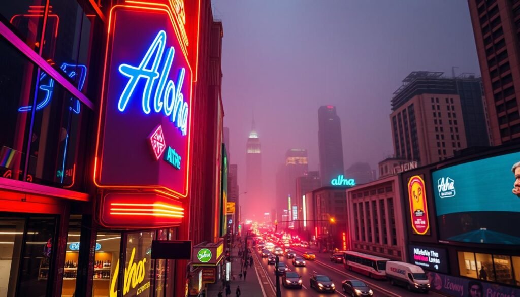 A neon-lit advertisement sign for the Aloha brand, glowing against the backdrop of a bustling city street at night. The sign features vibrant, dynamic neon tubing that illuminates the Aloha logo and other graphic elements, casting a warm, atmospheric glow over the scene. In the foreground, the sign is mounted on the side of a multi-story building, its neon tubes reflecting off the glass and metal surfaces. In the middle ground, the street is alive with the movement of cars, pedestrians, and other urban activity, while the background is dominated by the silhouettes of skyscrapers and a hazy, nighttime skyline. The overall mood is one of lively energy, modern style, and a touch of retro-futuristic charm.