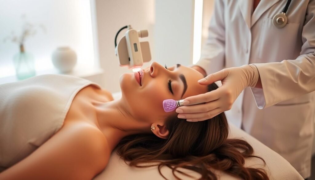 A professional beauty treatment spa with a clean, modern interior. A woman lies on a massage table as a Glowin' Beaute technician in a crisp white lab coat performs the Oligio X 原美電波療程, a specialized therapeutic procedure. Diffused lighting creates a calming, luxurious atmosphere. The technician's hands gently glide a sleek electronic device across the client's face and neck, emitting subtle waves of energy. The client's expression is one of peaceful relaxation as the treatment progresses. The overall scene conveys a sense of expert care, cutting-edge technology, and indulgent self-care.