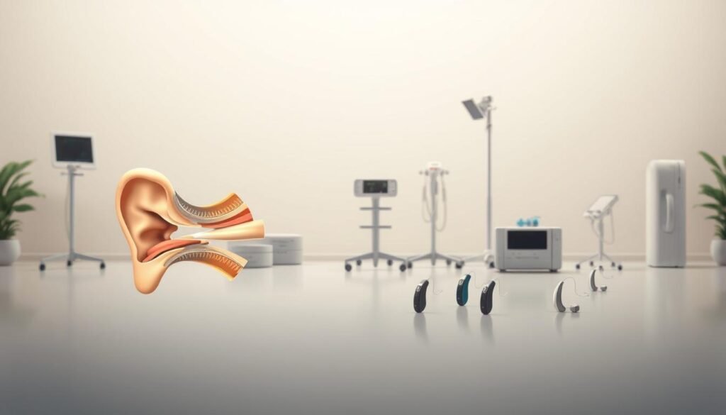 A serene and tranquil medical illustration depicting common treatments for inner ear imbalance. In the foreground, a detailed diagram showcases the human ear anatomy, highlighted in soft, soothing tones. The middle ground features various therapeutic devices such as vestibular rehabilitation equipment and specialized hearing aids, arranged in a visually balanced composition. The background depicts a calming, muted color palette, evoking a sense of healing and restoration. The lighting is soft and diffused, creating a sense of clinical professionalism yet maintaining a comforting atmosphere. The overall scene conveys the expertise and care required to address inner ear imbalance effectively. A serene and tranquil medical illustration depicting common treatments for inner ear imbalance. In the foreground, a detailed diagram showcases the human ear anatomy, highlighted in soft, soothing tones. The middle ground features various therapeutic devices such as vestibular rehabilitation equipment and specialized hearing aids, arranged in a visually balanced composition. The background depicts a calming, muted color palette, evoking a sense of healing and restoration. The lighting is soft and diffused, creating a sense of clinical professionalism yet maintaining a comforting atmosphere. The overall scene conveys the expertise and care required to address inner ear imbalance effectively.