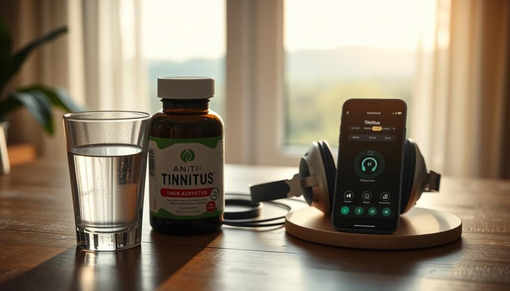A tranquil still life depicting various remedies for tinnitus, or ringing in the ears. In the foreground, a glass of water and a bottle of anti-tinnitus supplements sit on a wooden table, their labels clearly visible. In the middle ground, a set of noise-cancelling headphones and a smartphone displaying a tinnitus therapy app interface. The background reveals a serene landscape out of a window, with soft natural light flooding the scene. The overall mood is one of calm contemplation and solution-oriented focus, reflecting the subject matter of effective tinnitus treatments. A tranquil still life depicting various remedies for tinnitus, or ringing in the ears. In the foreground, a glass of water and a bottle of anti-tinnitus supplements sit on a wooden table, their labels clearly visible. In the middle ground, a set of noise-cancelling headphones and a smartphone displaying a tinnitus therapy app interface. The background reveals a serene landscape out of a window, with soft natural light flooding the scene. The overall mood is one of calm contemplation and solution-oriented focus, reflecting the subject matter of effective tinnitus treatments.