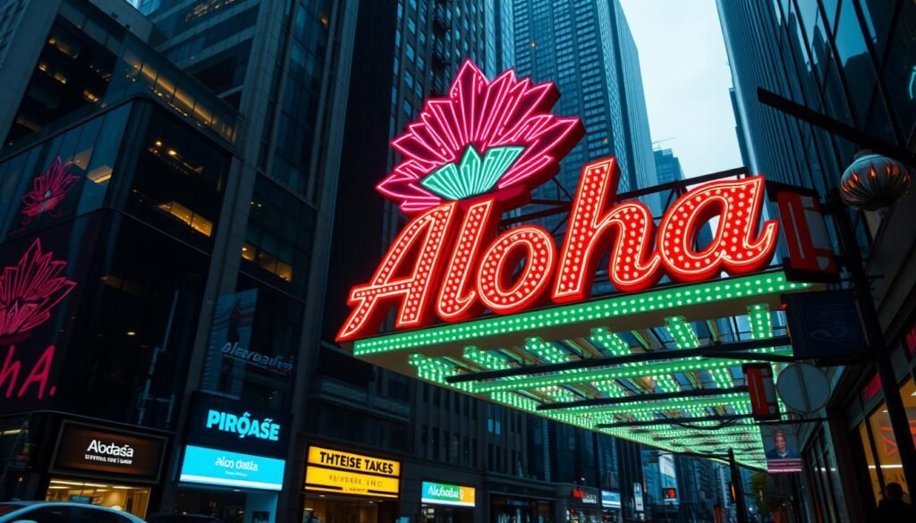 A vibrant neon-lit sign adorned with the "Aloha" brand name casts a mesmerizing glow across a bustling city street. The sign's intricate design features bold, geometric shapes and a cascade of multicolored lights that flicker and pulse, creating a mesmerizing visual spectacle. The scene is framed by the towering silhouettes of skyscrapers in the background, their windows reflecting the neon's dazzling hues. The overall atmosphere is one of energy, modernity, and a touch of retro-futuristic charm, perfectly capturing the essence of a dynamic urban landscape.