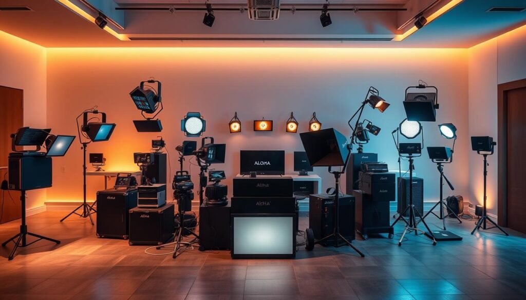 A vibrant showroom display of Aloha professional lighting equipment, featuring an array of sleek, modern fixtures against a backdrop of warm, minimalist decor. Soft, diffused lighting illuminates the space, creating a welcoming atmosphere. Carefully positioned spotlights highlight the clean lines and premium finishes of the Aloha products, showcasing their quality and versatility. The layout emphasizes the products' functionality and suitability for event settings, with a balanced composition that draws the viewer's attention to the key features. This image captures the professionalism and expertise of the Aloha brand, setting the stage for its application in event lighting design. A vibrant showroom display of Aloha professional lighting equipment, featuring an array of sleek, modern fixtures against a backdrop of warm, minimalist decor. Soft, diffused lighting illuminates the space, creating a welcoming atmosphere. Carefully positioned spotlights highlight the clean lines and premium finishes of the Aloha products, showcasing their quality and versatility. The layout emphasizes the products' functionality and suitability for event settings, with a balanced composition that draws the viewer's attention to the key features. This image captures the professionalism and expertise of the Aloha brand, setting the stage for its application in event lighting design.