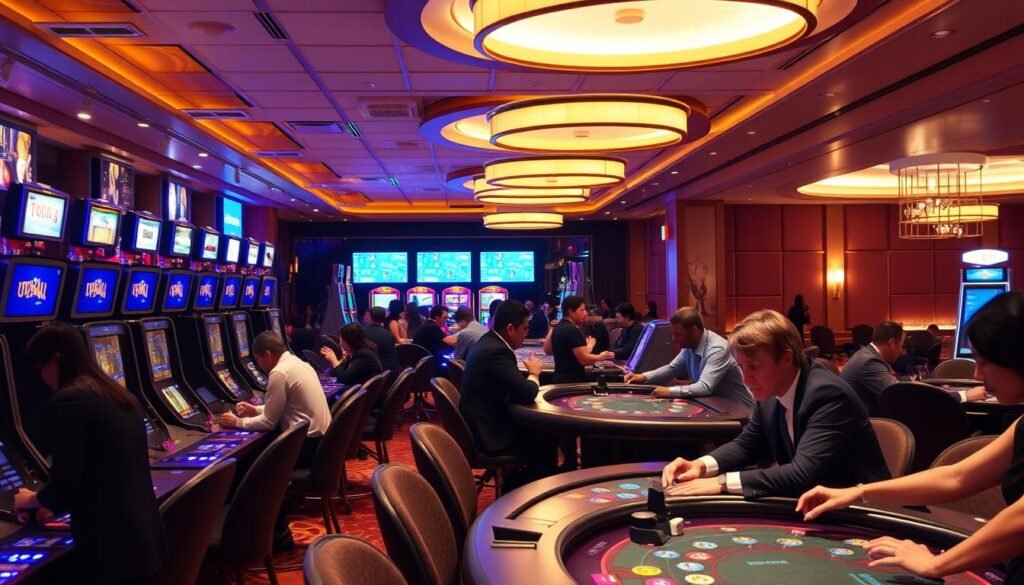 Detailed and well-lit interior scene of the UTown entertainment center's gaming floor, featuring rows of sleek and modern gaming tables and terminals. The lighting is warm and inviting, creating a comfortable and secure atmosphere. In the foreground, a group of smartly-dressed patrons are engaged in a lively game, their expressions focused and confident. The middle ground showcases the center's high-tech security systems, including discreet surveillance cameras and access control points. The background depicts the luxurious and tastefully-decorated lounge area, where additional guests are relaxing with drinks and conversation. The overall impression is one of sophistication, safety, and an exceptional entertainment experience. Detailed and well-lit interior scene of the UTown entertainment center's gaming floor, featuring rows of sleek and modern gaming tables and terminals. The lighting is warm and inviting, creating a comfortable and secure atmosphere. In the foreground, a group of smartly-dressed patrons are engaged in a lively game, their expressions focused and confident. The middle ground showcases the center's high-tech security systems, including discreet surveillance cameras and access control points. The background depicts the luxurious and tastefully-decorated lounge area, where additional guests are relaxing with drinks and conversation. The overall impression is one of sophistication, safety, and an exceptional entertainment experience.