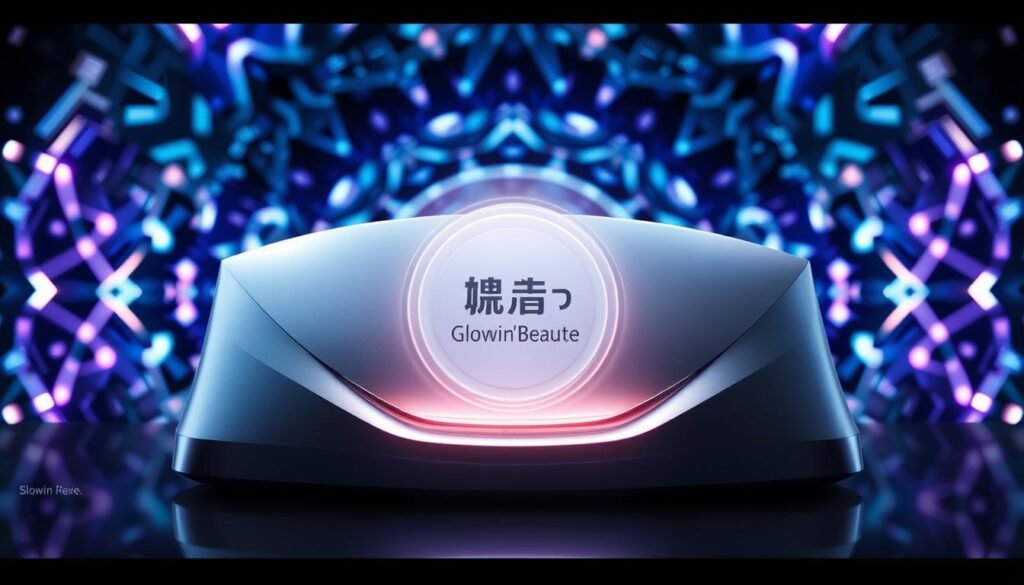Oligio X 原美電波獨特技術特點: A sleek, high-tech device emblazoned with the Glowin' Beaute logo, set against a futuristic background. The device is rendered in metallic shades, its curves and angles catching the light from an unseen source, creating a sense of depth and dimension. The middle ground features a translucent, glowing aura that emanates from the device, hinting at its unique "原美電波" technology. In the background, a kaleidoscope of abstract, geometric patterns and shapes in shades of blue and purple, conveying a sense of advanced, cutting-edge science and innovation. The overall mood is one of precision, power, and technological prowess. Oligio X 原美電波獨特技術特點: A sleek, high-tech device emblazoned with the Glowin' Beaute logo, set against a futuristic background. The device is rendered in metallic shades, its curves and angles catching the light from an unseen source, creating a sense of depth and dimension. The middle ground features a translucent, glowing aura that emanates from the device, hinting at its unique "原美電波" technology. In the background, a kaleidoscope of abstract, geometric patterns and shapes in shades of blue and purple, conveying a sense of advanced, cutting-edge science and innovation. The overall mood is one of precision, power, and technological prowess.