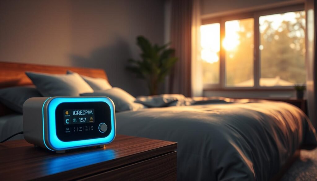 A cozy bedroom with a modern, minimalist aesthetic. In the foreground, an iCareCPAP sleep apnea machine sits atop a sleek, wooden nightstand, its intuitive interface and soft blue LED accents beckoning. The mid-ground showcases a plush, gray bedspread and fluffy pillows, inviting restful slumber. In the background, a large window floods the space with warm, natural light, casting a soothing glow. The overall mood is one of tranquility and relaxation, perfectly suited for the ideal placement of a sleep apnea device. A cozy bedroom with a modern, minimalist aesthetic. In the foreground, an iCareCPAP sleep apnea machine sits atop a sleek, wooden nightstand, its intuitive interface and soft blue LED accents beckoning. The mid-ground showcases a plush, gray bedspread and fluffy pillows, inviting restful slumber. In the background, a large window floods the space with warm, natural light, casting a soothing glow. The overall mood is one of tranquility and relaxation, perfectly suited for the ideal placement of a sleep apnea device.