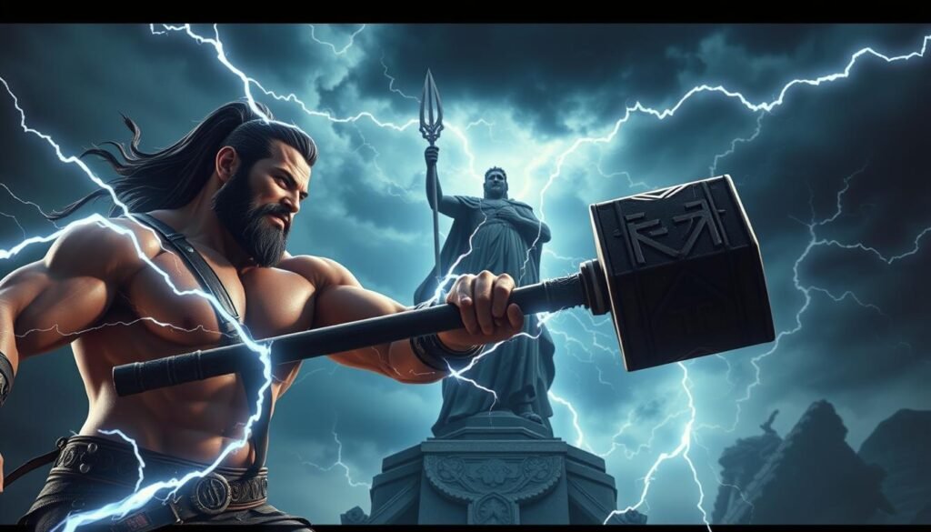 A dramatic, high-contrast scene depicting the legendary "雷神之鎚倍數累積技巧" from the UTown video game. In the foreground, a muscular warrior wields the mythical hammer, its head crackling with electric energy. Arcs of lightning radiate outward, illuminating the warrior's determined expression. In the middle ground, a towering statue of the thunder god, sculpted in a heroic pose, casts an imposing shadow. The background features a stormy sky, with ominous clouds and flashes of lightning, creating an atmosphere of power and impending doom. Cinematic lighting and camera angles emphasize the dramatic scale and intensity of the scene. A dramatic, high-contrast scene depicting the legendary "雷神之鎚倍數累積技巧" from the UTown video game. In the foreground, a muscular warrior wields the mythical hammer, its head crackling with electric energy. Arcs of lightning radiate outward, illuminating the warrior's determined expression. In the middle ground, a towering statue of the thunder god, sculpted in a heroic pose, casts an imposing shadow. The background features a stormy sky, with ominous clouds and flashes of lightning, creating an atmosphere of power and impending doom. Cinematic lighting and camera angles emphasize the dramatic scale and intensity of the scene.
