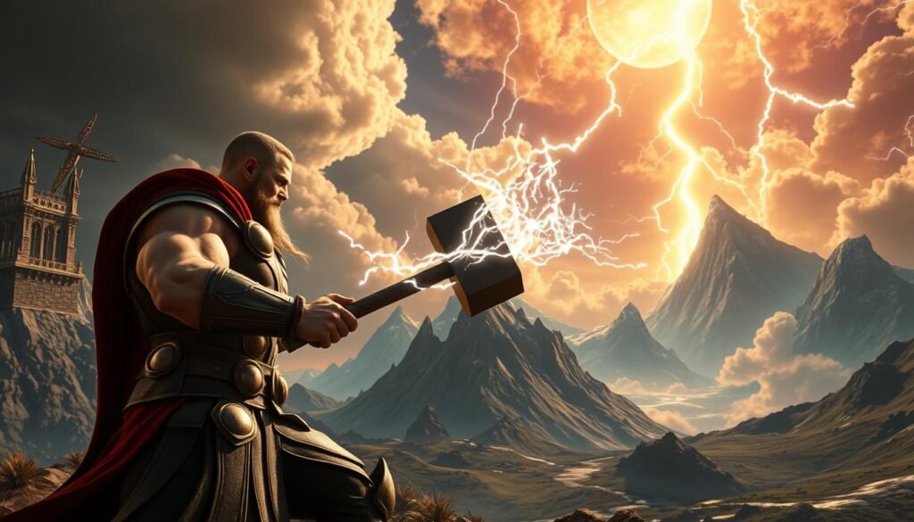 A dynamic scene showcasing the practice of Thor's Hammer abilities in the UTown trial mode. In the foreground, a muscular figure in Norse-inspired armor wields the iconic hammer, its lightning-infused strikes illuminating the scene. The middle ground features a detailed, fantastical environment with towering mountain peaks, swirling clouds, and a dramatic sky filled with charged energy. The background seamlessly blends this mythical landscape with a sense of technological integration, hinting at the advanced simulation. Cinematic lighting and a dramatic camera angle heighten the intensity, capturing the essence of mastering Thor's power within the UTown trial experience. A dynamic scene showcasing the practice of Thor's Hammer abilities in the UTown trial mode. In the foreground, a muscular figure in Norse-inspired armor wields the iconic hammer, its lightning-infused strikes illuminating the scene. The middle ground features a detailed, fantastical environment with towering mountain peaks, swirling clouds, and a dramatic sky filled with charged energy. The background seamlessly blends this mythical landscape with a sense of technological integration, hinting at the advanced simulation. Cinematic lighting and a dramatic camera angle heighten the intensity, capturing the essence of mastering Thor's power within the UTown trial experience.