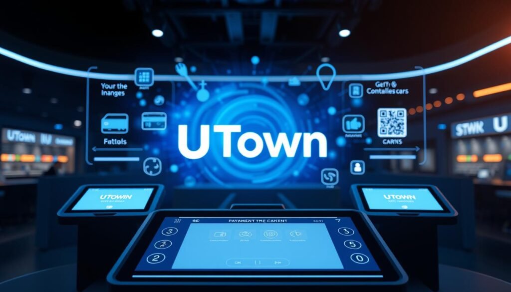 A futuristic and sleek payment system interface with the UTown brand prominently displayed. The foreground features a central touchscreen with intuitive controls and a minimalist design, bathed in a cool, blue-tinted lighting. The middle ground showcases various payment options, including digital wallets, contactless cards, and QR code scanners, all seamlessly integrated. The background hints at a high-tech, almost holographic environment, evoking a sense of innovation and cutting-edge technology. The overall atmosphere conveys a smooth, efficient, and forward-thinking payment experience. A futuristic and sleek payment system interface with the UTown brand prominently displayed. The foreground features a central touchscreen with intuitive controls and a minimalist design, bathed in a cool, blue-tinted lighting. The middle ground showcases various payment options, including digital wallets, contactless cards, and QR code scanners, all seamlessly integrated. The background hints at a high-tech, almost holographic environment, evoking a sense of innovation and cutting-edge technology. The overall atmosphere conveys a smooth, efficient, and forward-thinking payment experience.