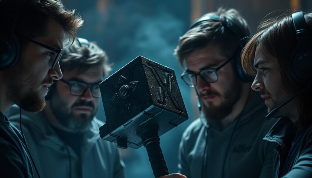 A group of UTown gamers intently focused on a high-resolution display, showcasing the intricate details of Thor's legendary hammer, Mjolnir. The lighting casts dramatic shadows, accentuating the hammer's rugged, metallic surface. The scene is set against a blurred, atmospheric background, conveying a sense of immersion and technical mastery. The gamers' expressions reflect a mix of concentration and excitement as they navigate the nuances of wielding this powerful artifact, sharing their hard-earned insights on avoiding common pitfalls. The overall mood is one of reverence and collective expertise, capturing the spirit of the "避免常見錯誤的心得分享" section. A group of UTown gamers intently focused on a high-resolution display, showcasing the intricate details of Thor's legendary hammer, Mjolnir. The lighting casts dramatic shadows, accentuating the hammer's rugged, metallic surface. The scene is set against a blurred, atmospheric background, conveying a sense of immersion and technical mastery. The gamers' expressions reflect a mix of concentration and excitement as they navigate the nuances of wielding this powerful artifact, sharing their hard-earned insights on avoiding common pitfalls. The overall mood is one of reverence and collective expertise, capturing the spirit of the "避免常見錯誤的心得分享" section.