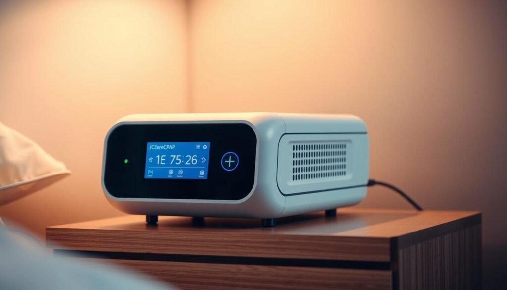 A modern, sleek iCareCPAP sleep apnea machine resting on a wooden nightstand. The machine's minimalist white casing and backlit digital display create a calming, clinical aesthetic. Soft, indirect lighting casts a warm glow, accentuating the machine's clean lines and subtle details. The nightstand is positioned against a neutral-toned wall, creating a serene, bedroom-like environment. The overall scene conveys a sense of comfort, functionality, and medical efficacy - an ideal setup for the effective use of a sleep apnea device.