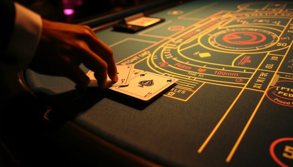 A neon-lit casino table, the felt surface glowing with intricate diagrams and symbols. Crisp cards are dealt by a deft, disembodied hand, the rules of Baccarat unfolding in a mesmerizing dance of probability and strategy. The table's edge is adorned with sleek, chrome detailing, lending an air of modern sophistication. Soft, directional lighting casts dramatic shadows, heightening the tension and drama of the game. The scene is captured from a low, cinematic angle, drawing the viewer into the captivating world of Baccarat and its sophisticated card drawing principles. A neon-lit casino table, the felt surface glowing with intricate diagrams and symbols. Crisp cards are dealt by a deft, disembodied hand, the rules of Baccarat unfolding in a mesmerizing dance of probability and strategy. The table's edge is adorned with sleek, chrome detailing, lending an air of modern sophistication. Soft, directional lighting casts dramatic shadows, heightening the tension and drama of the game. The scene is captured from a low, cinematic angle, drawing the viewer into the captivating world of Baccarat and its sophisticated card drawing principles.