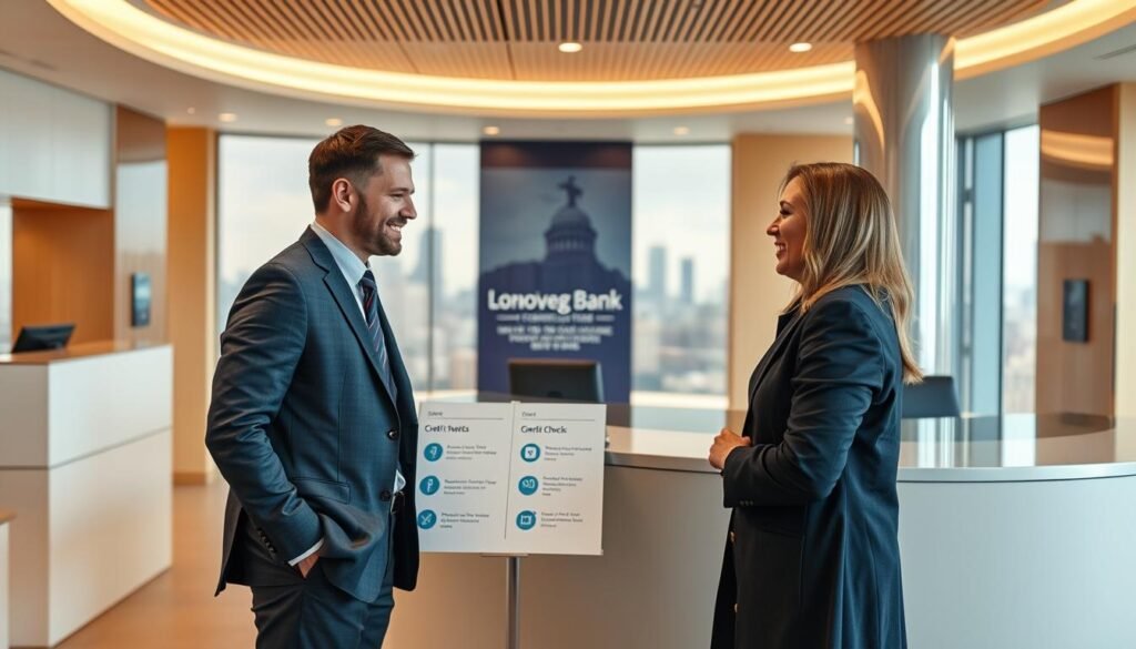 A sleek, modern bank interior with a warm, inviting atmosphere. In the foreground, a well-dressed customer speaking with a friendly bank representative, discussing the advantages of a loan without credit checks. The middle ground features a display showcasing the bank's innovative lending options, emphasizing their flexible and personalized approach. The background depicts a panoramic view of the city skyline, conveying a sense of financial security and opportunity. The lighting is soft and natural, creating a sense of professionalism and trust. The overall composition suggests a seamless, hassle-free banking experience focused on the customer's needs. A sleek, modern bank interior with a warm, inviting atmosphere. In the foreground, a well-dressed customer speaking with a friendly bank representative, discussing the advantages of a loan without credit checks. The middle ground features a display showcasing the bank's innovative lending options, emphasizing their flexible and personalized approach. The background depicts a panoramic view of the city skyline, conveying a sense of financial security and opportunity. The lighting is soft and natural, creating a sense of professionalism and trust. The overall composition suggests a seamless, hassle-free banking experience focused on the customer's needs.