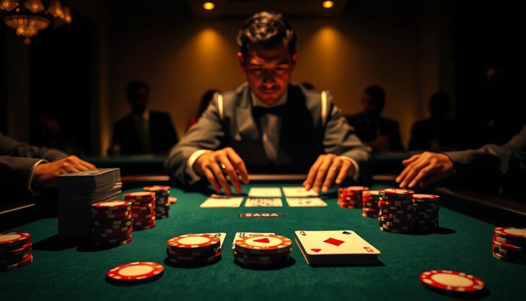 A stylish, high-contrast illustration of the rules of Baccarat, the classic casino card game. A dimly lit casino table takes up the foreground, with neatly arranged piles of playing cards, elegant wooden chips, and a green felt surface. In the middle ground, a croupier's hands deftly deal the cards, with a focused, serious expression. The background is hazy, featuring the silhouettes of players watching intently. Dramatic chiaroscuro lighting casts dramatic shadows, creating an atmosphere of anticipation and high stakes. The overall scene conveys the rules, strategy, and excitement of the Baccarat gaming experience. A stylish, high-contrast illustration of the rules of Baccarat, the classic casino card game. A dimly lit casino table takes up the foreground, with neatly arranged piles of playing cards, elegant wooden chips, and a green felt surface. In the middle ground, a croupier's hands deftly deal the cards, with a focused, serious expression. The background is hazy, featuring the silhouettes of players watching intently. Dramatic chiaroscuro lighting casts dramatic shadows, creating an atmosphere of anticipation and high stakes. The overall scene conveys the rules, strategy, and excitement of the Baccarat gaming experience.