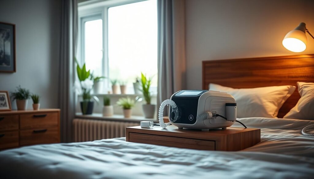 A cozy, well-lit bedroom with a modern, minimalist design. An iCareCPAP sleep apnea machine sits prominently on a wooden nightstand, surrounded by a humidifier, water reservoir, and tubing. The room is bathed in soft, indirect lighting, creating a calming atmosphere. The bed is neatly made, with high-quality linens and a plush comforter. A large window allows natural light to filter in, illuminating the space. Potted plants and a few decorative accents add a touch of warmth and personalization to the room. The overall scene conveys a comfortable, relaxing environment that is conducive to using the iCareCPAP machine effectively. A cozy, well-lit bedroom with a modern, minimalist design. An iCareCPAP sleep apnea machine sits prominently on a wooden nightstand, surrounded by a humidifier, water reservoir, and tubing. The room is bathed in soft, indirect lighting, creating a calming atmosphere. The bed is neatly made, with high-quality linens and a plush comforter. A large window allows natural light to filter in, illuminating the space. Potted plants and a few decorative accents add a touch of warmth and personalization to the room. The overall scene conveys a comfortable, relaxing environment that is conducive to using the iCareCPAP machine effectively.