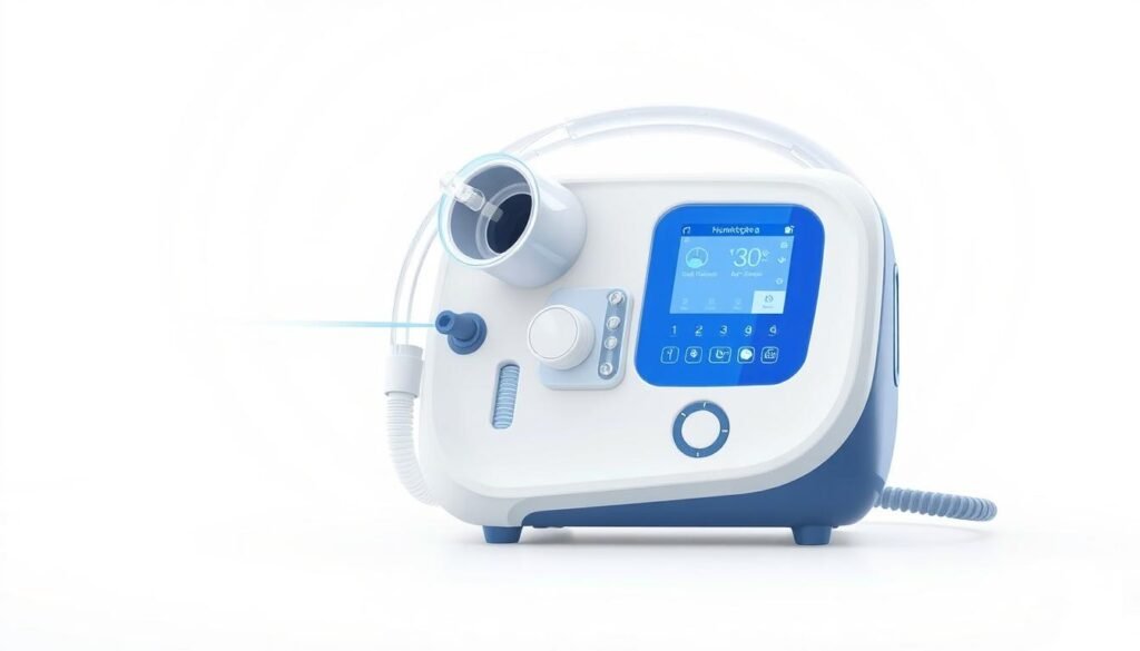 A detailed, technical illustration of a modern sleep apnea CPAP machine, the iCareCPAP. The device is shown in a clean, minimalist white and blue color scheme, displaying its various components - the air intake, humidifier, control panel, and air delivery tube. The design is sleek and ergonomic, with smooth, rounded edges. The background is a soft, diffuse light, emphasizing the machine's high-tech, medical-grade aesthetic. The overall mood is one of clinical precision and innovation, reflecting the latest advancements in respiratory care technology.