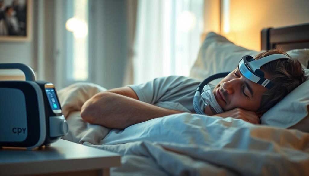 A serene bedroom scene featuring a middle-aged man wearing a sleep apnea machine comfortably resting in bed. The foreground showcases a high-tech CPAP machine on a bedside table, with a gentle blue light illuminating its display. The middle view captures a close-up of the man’s peaceful face as he sleeps, surrounded by soft pillows and cozy blankets, reflecting a sense of tranquility and relaxation. The background reveals a softly lit room with calming colors, like light blues and warm whites, and a window with sheer curtains that allow natural moonlight to filter in. The mood is calm and serene, emphasizing the improvement in sleep quality. The image should use soft, warm lighting to create a comforting atmosphere, focusing on the harmony between technology and restful sleep.