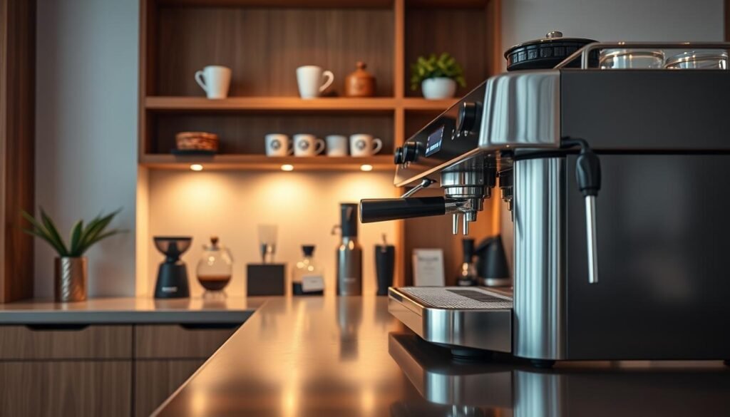 A sleek La Marzocco Linea coffee machine, prominently displayed in a modern home bar setup with elegant wood accents. The foreground focuses on the polished stainless steel surface of the coffee machine, gleaming under soft, warm lighting that highlights its intricate details. In the middle, an array of professional barista tools and freshly ground coffee beans are artfully arranged, suggesting a cozy yet professional ambiance. The background features minimalist shelving with stylish coffee mugs and a small potted plant, adding a touch of greenery. An ambient glow fills the room, evoking a warm, inviting atmosphere perfect for brewing. The angle captures the coffee machine from a slight elevation, emphasizing its craftsmanship and functionality, fitting for an article about advanced coffee brewing technology.