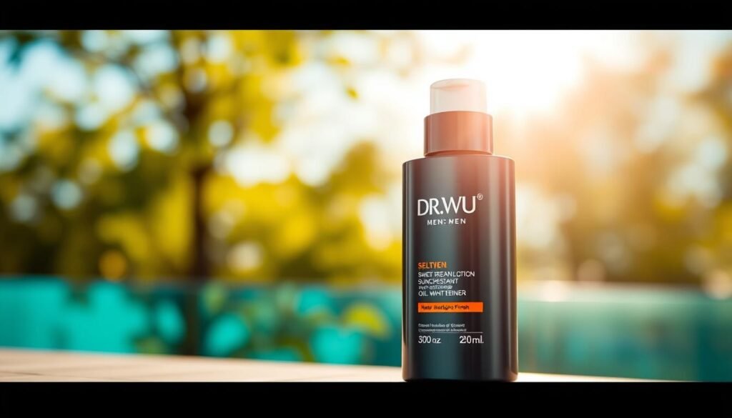 A sleek bottle of DR.WU sunscreen lotion is positioned prominently in the foreground, showcasing its modern design and elegant branding. The bottle is partially open, revealing a smooth cream inside, suggesting a lightweight texture. In the middle ground, there is a soft-focus representation of a sunlit outdoor scene, with green trees and bright blue skies, evoking a sense of freshness and vitality. In the background, a subtle bokeh effect adds depth, enhancing the sunny ambiance without distractions. Natural, warm lighting creates soft shadows and highlights on the product, emphasizing its appealing formulation. The overall mood is refreshing and dynamic, perfect for a men's skincare product that emphasizes sweat resistance, oil control, and a non-whitening finish.
