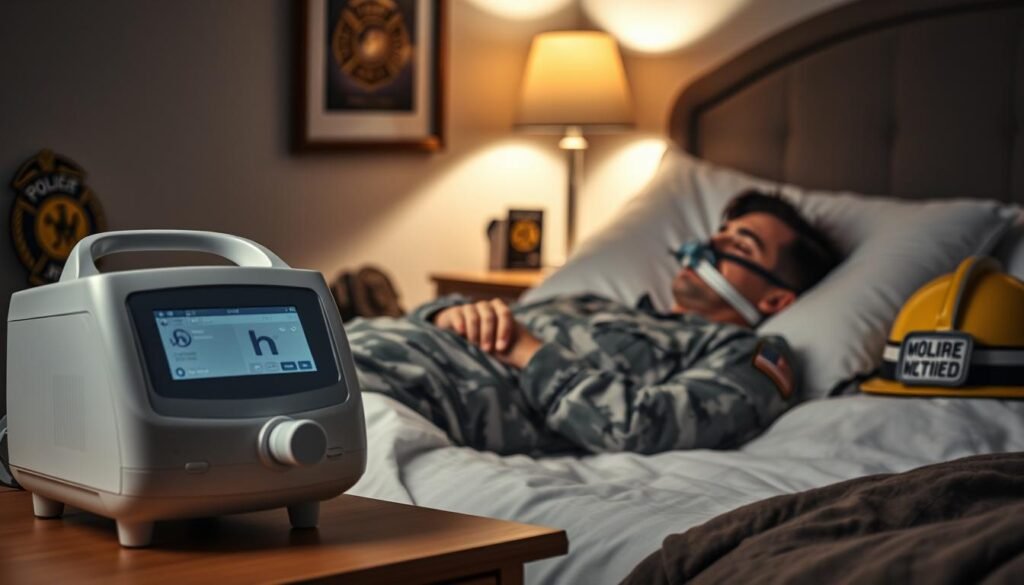 A scene depicting a sleep apnea machine in the daily routine of military, police, and fire personnel. In the foreground, a close-up of an advanced sleep apnea machine on a nightstand next to a neatly made bed, featuring military insignia and a fire helmet resting nearby. In the middle ground, a soldier in a comfortable, modest sleep attire lies peacefully in bed, wearing a nasal mask connected to the machine, illustrating peaceful sleep. In the background, the soft glow of a bedside lamp casts warm light, subtly illuminating the room’s decor with elements representing each profession, like a framed badge and uniform. The mood is calm and serene, emphasizing the importance of sleep health for these professionals. The composition is shot from a slightly elevated angle to capture both the machine and the sleeping personnel harmoniously.